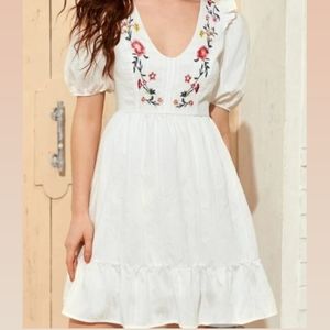 Puff Sleeve Ruffle Trim Floral Embroidery Dress